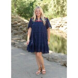 Layerz Clothing Navy Blue Eyelet Floral Embroidered XXL Dress 2XL